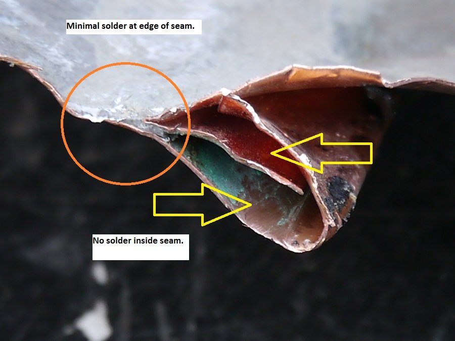 Poorly soldered copper roof seam